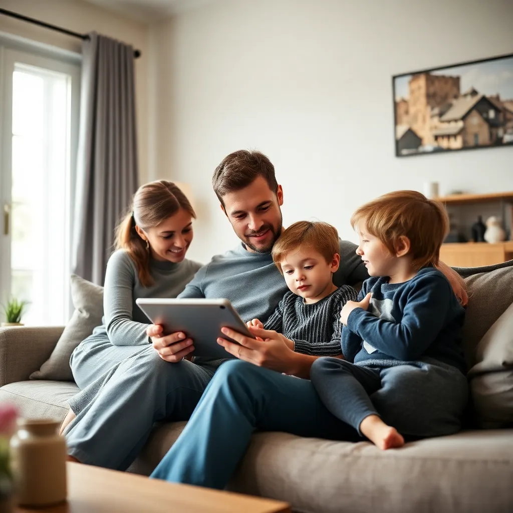 Gezin dat samen naar een budgetapp op tablet kijkt