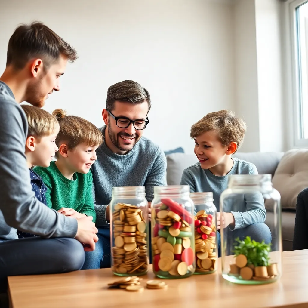Nederlandse ouder die financiële concepten uitlegt aan kinderen met spaarpotjes