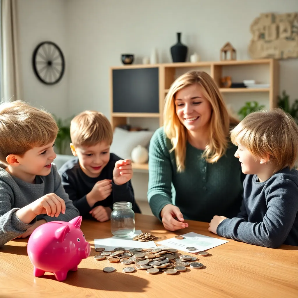 Ouders leren kinderen over geld met spaarpotjes en munten