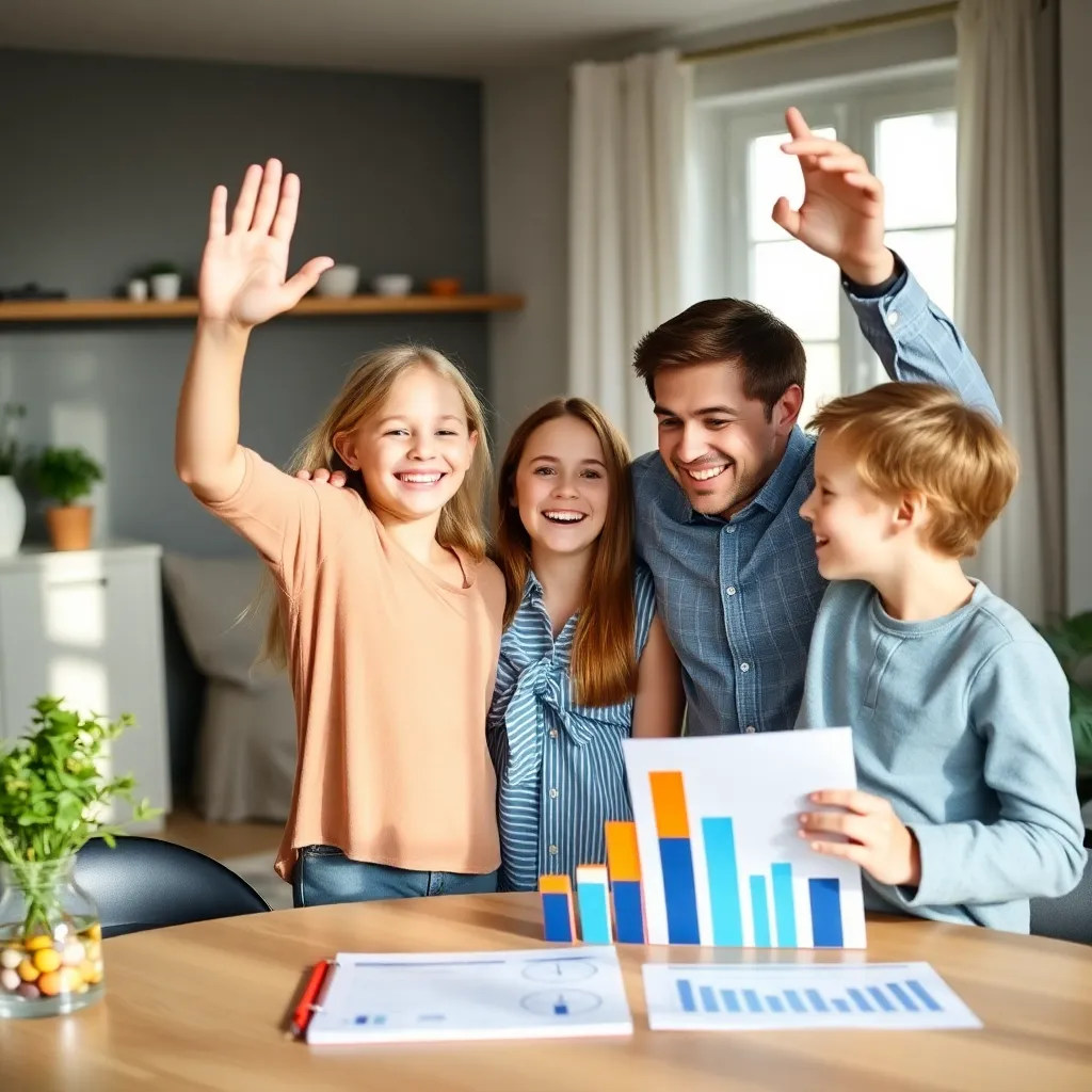 Gezin aan tafel met laptop en financiële documenten